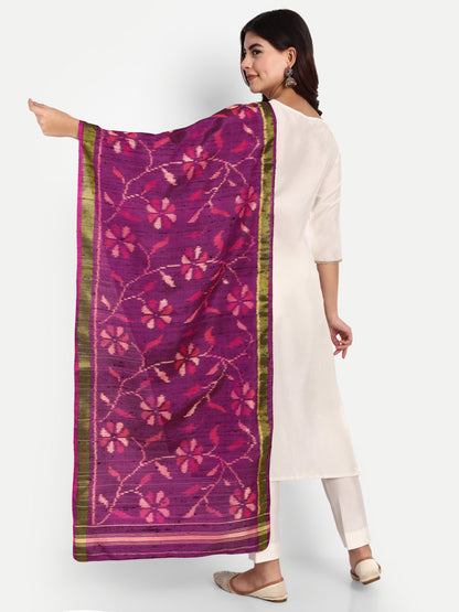 Handwoven Patan Patola Raw Silk Stole | Purple Floral Single Ikat Design