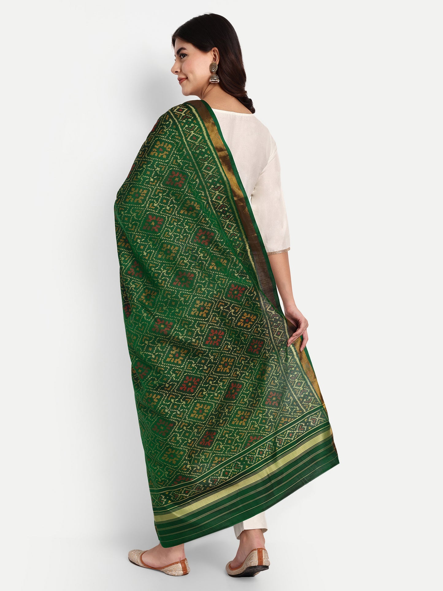 Regal Dark Green Patan Patola Silk Dupatta | Single Ikat with Diamond Motif