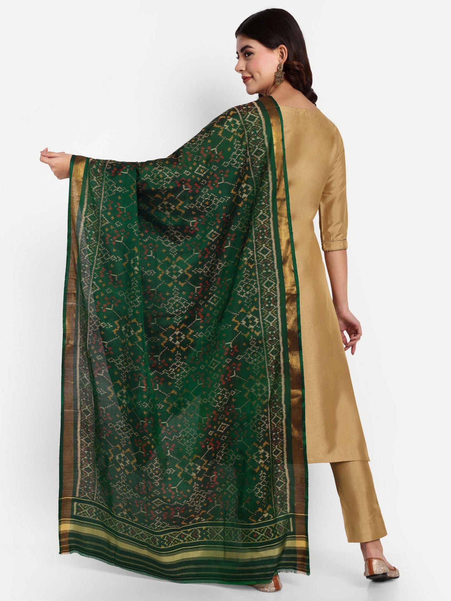 Regal Bottle Green Patan Patola Silk Dupatta | Single Ikat with Floral Jaal Motif