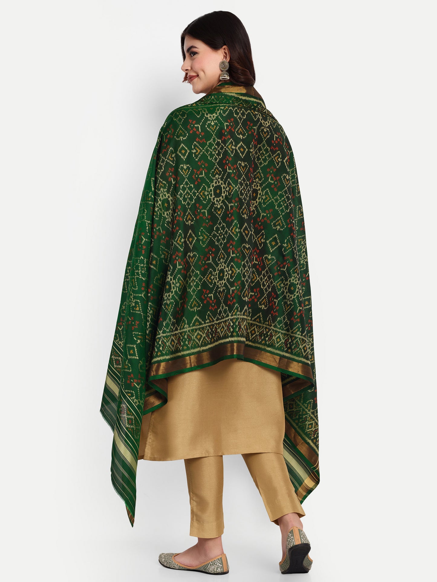 Luxurious Handwoven Green Patan Patola Silk Dupatta | Single Ikat with Geometric Jaal Motif