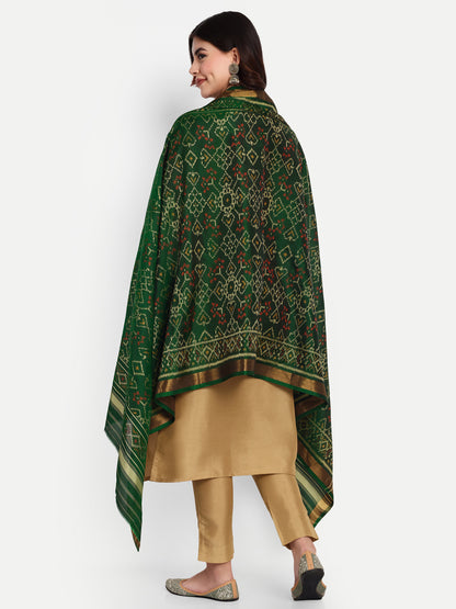 Luxurious Handwoven Green Patan Patola Silk Dupatta | Single Ikat with Geometric Jaal Motif