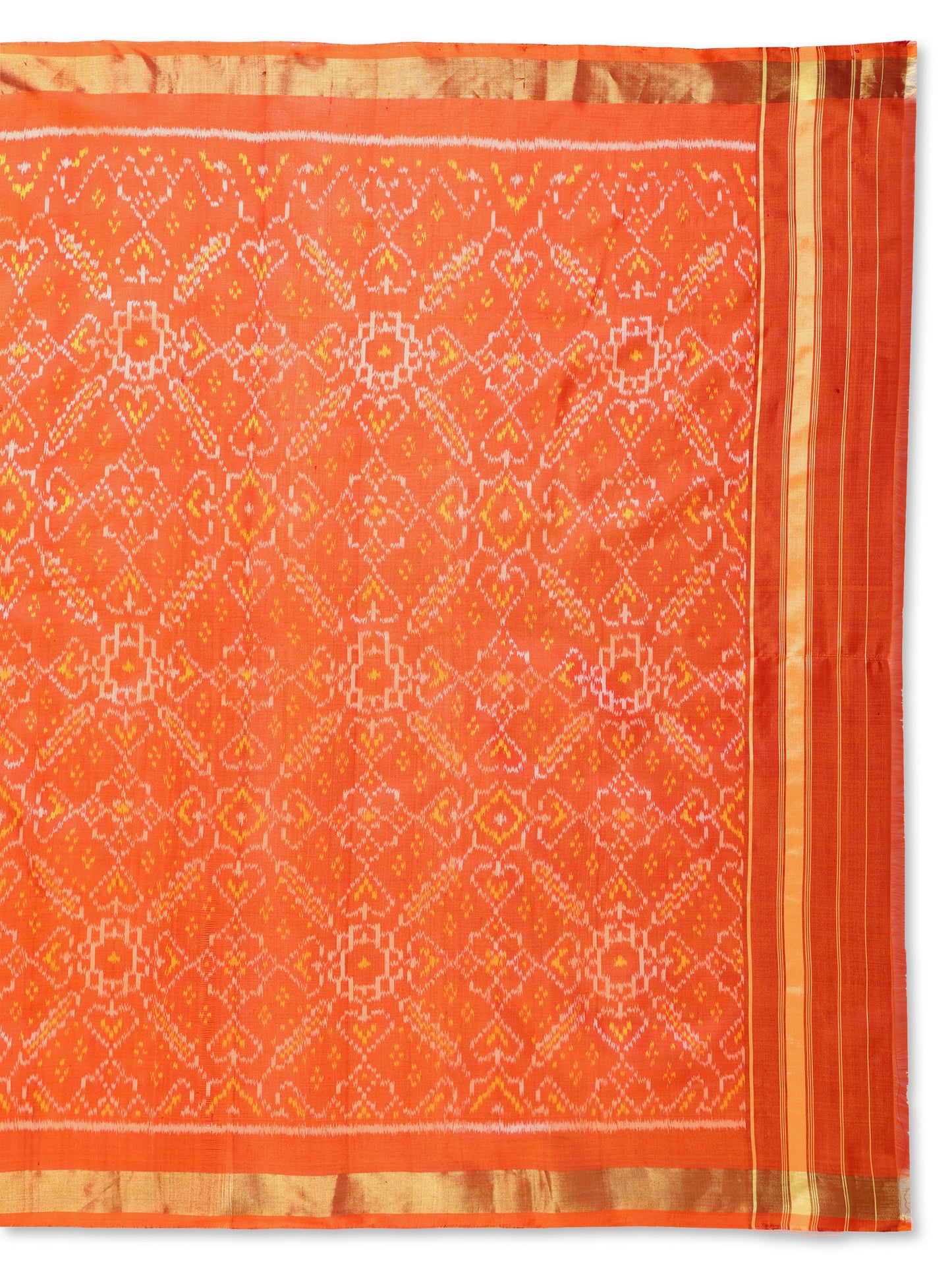 Handwoven Orange Patan Patola Silk Dupatta | Single Ikat Geometric & Floral Design