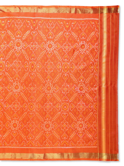 Handwoven Orange Patan Patola Silk Dupatta | Single Ikat Geometric & Floral Design
