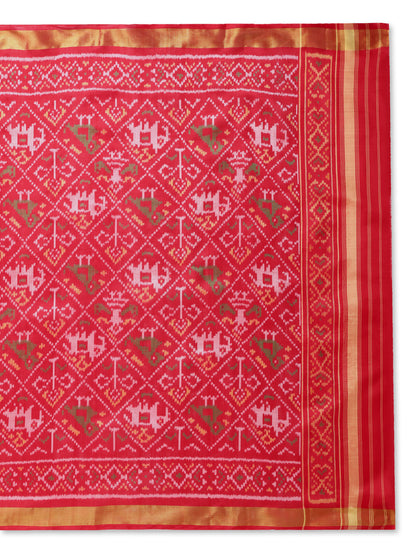 Handwoven Red Patan Patola Silk Dupatta | Single Ikat Elephant and Parrot Design - Haathi-Popat Motif
