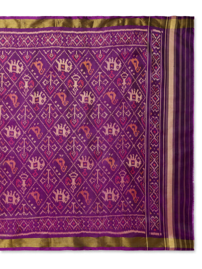 Handwoven Purple Patan Patola Silk Dupatta | Single Ikat with Elephant & Parrot Motif