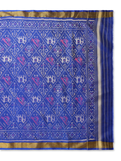 Handwoven Blue Patan Patola Silk Dupatta | Single Ikat Elephant and Parrot Design- Haathi Popat Traditional Motif