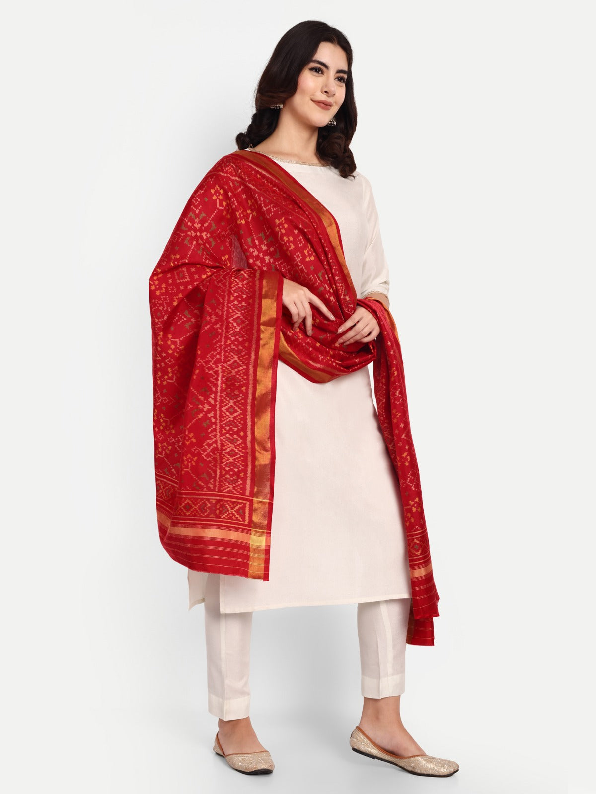 Red Handwoven Patola Stole - Traditional Geometric Design | Perfect for Festive & Ethnic Wear