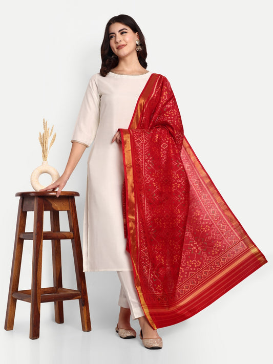 Red Handwoven Patola Stole - Traditional Geometric Design | Perfect for Festive & Ethnic Wear